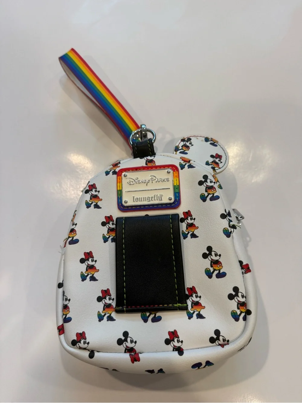 Disney White Mickey & Minnie Pattern Mini Backpack Wristlet with Rainbow Strap